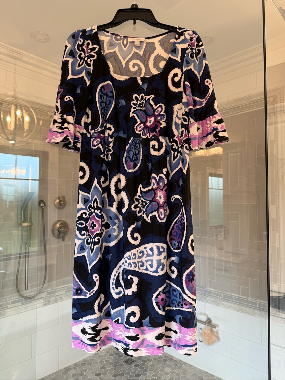 dressbarn Blue and White Paisley Knit Dress with Purple Accents